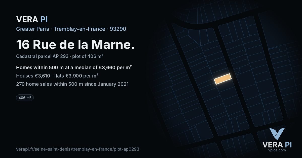 16 Rue de la Marne, Tremblay-en-France at night – the plot lit, the parcels around coloured by the prices near them
