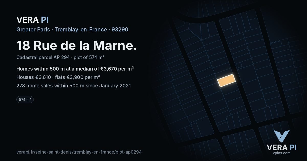 18 Rue de la Marne, Tremblay-en-France at night – the plot lit, the parcels around coloured by the prices near them