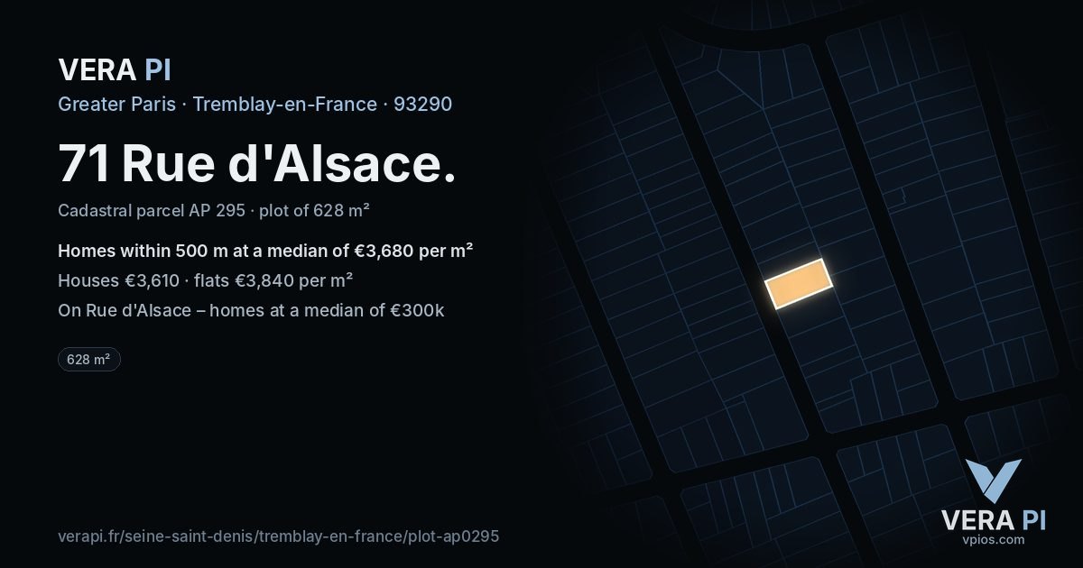 71 Rue d'Alsace, Tremblay-en-France at night – the plot lit, the parcels around coloured by the prices near them