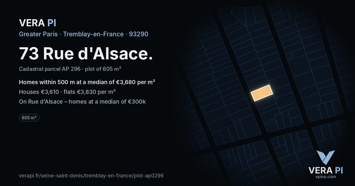 73 Rue d'Alsace, Tremblay-en-France at night – the plot lit, the parcels around coloured by the prices near them