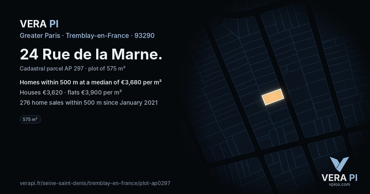 24 Rue de la Marne, Tremblay-en-France at night – the plot lit, the parcels around coloured by the prices near them