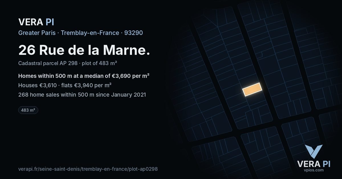26 Rue de la Marne, Tremblay-en-France at night – the plot lit, the parcels around coloured by the prices near them