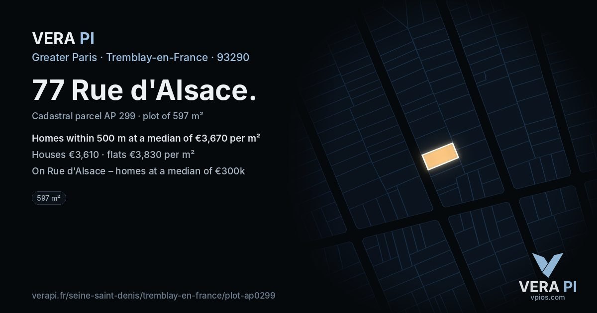 77 Rue d'Alsace, Tremblay-en-France at night – the plot lit, the parcels around coloured by the prices near them