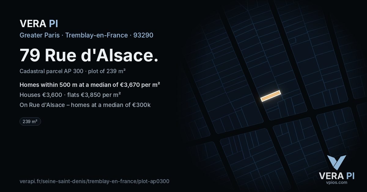 79 Rue d'Alsace, Tremblay-en-France at night – the plot lit, the parcels around coloured by the prices near them