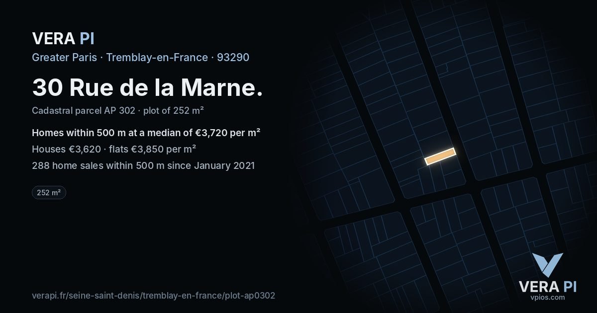 30 Rue de la Marne, Tremblay-en-France at night – the plot lit, the parcels around coloured by the prices near them