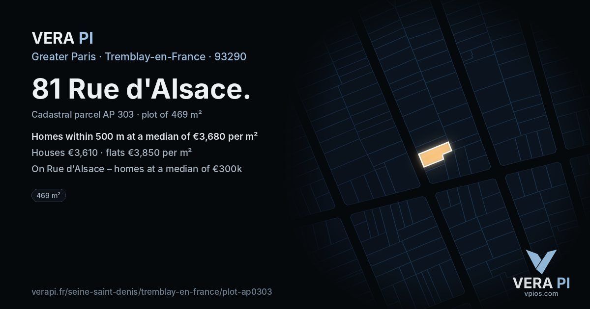 81 Rue d'Alsace, Tremblay-en-France at night – the plot lit, the parcels around coloured by the prices near them