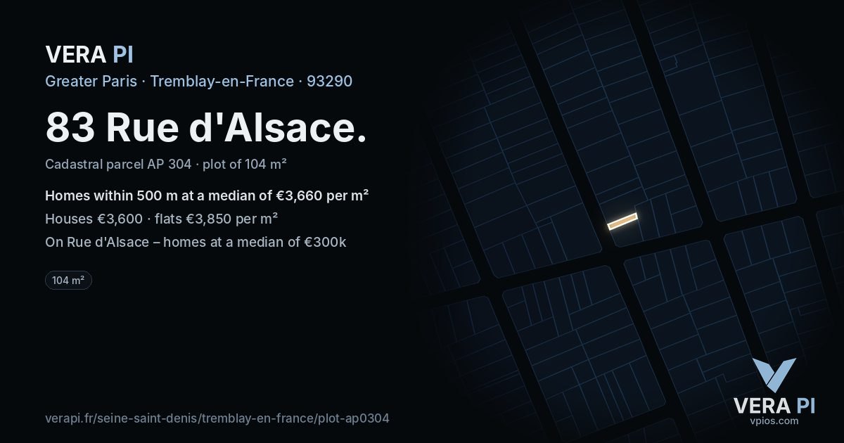 83 Rue d'Alsace, Tremblay-en-France at night – the plot lit, the parcels around coloured by the prices near them