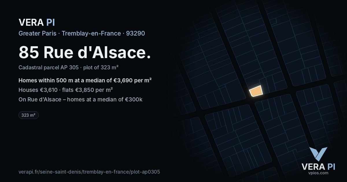 85 Rue d'Alsace, Tremblay-en-France at night – the plot lit, the parcels around coloured by the prices near them