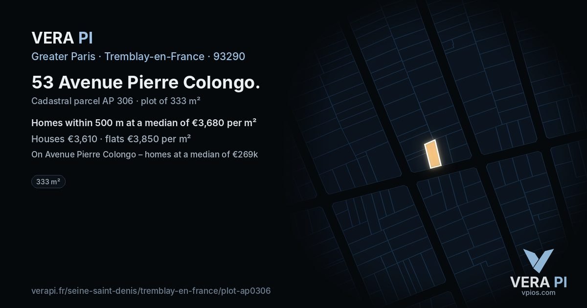 53 Avenue Pierre Colongo, Tremblay-en-France at night – the plot lit, the parcels around coloured by the prices near them