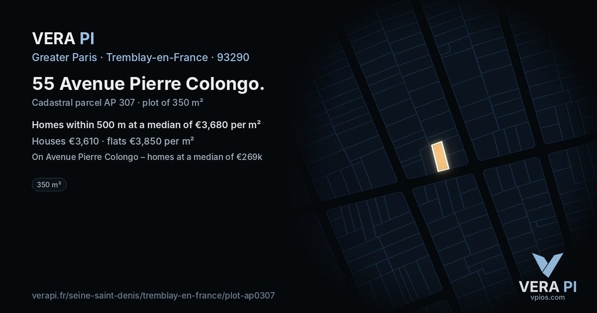 55 Avenue Pierre Colongo, Tremblay-en-France at night – the plot lit, the parcels around coloured by the prices near them