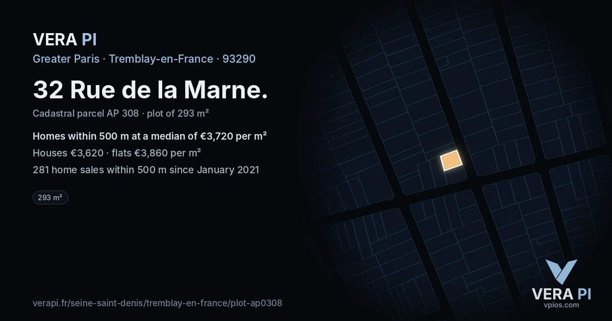 32 Rue de la Marne, Tremblay-en-France at night – the plot lit, the parcels around coloured by the prices near them