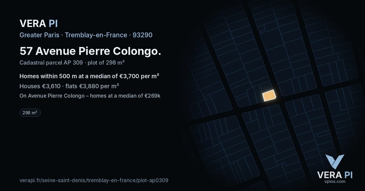 57 Avenue Pierre Colongo, Tremblay-en-France at night – the plot lit, the parcels around coloured by the prices near them