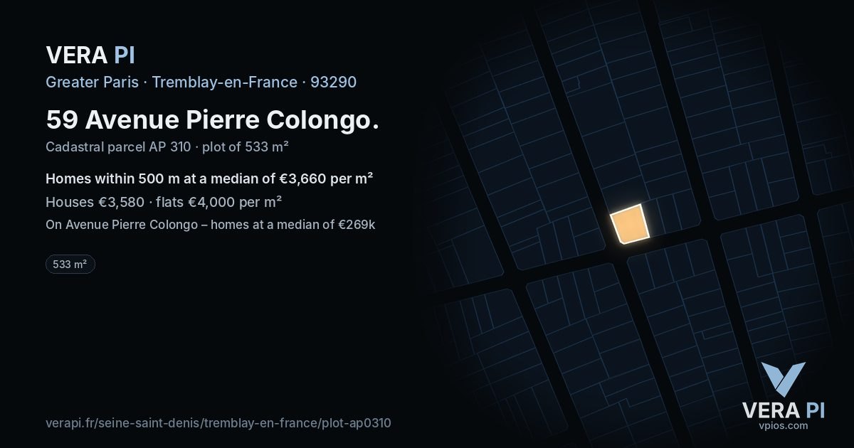 59 Avenue Pierre Colongo, Tremblay-en-France at night – the plot lit, the parcels around coloured by the prices near them