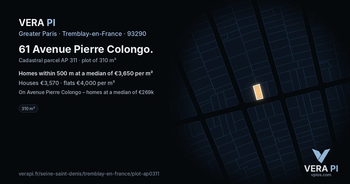 61 Avenue Pierre Colongo, Tremblay-en-France at night – the plot lit, the parcels around coloured by the prices near them