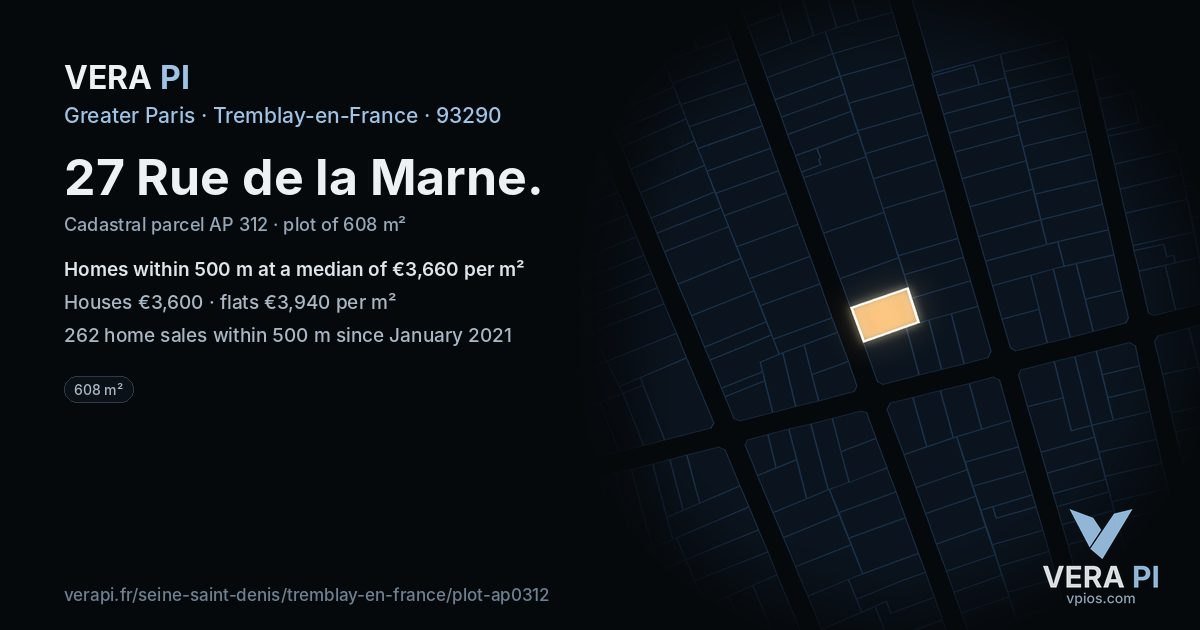 27 Rue de la Marne, Tremblay-en-France at night – the plot lit, the parcels around coloured by the prices near them