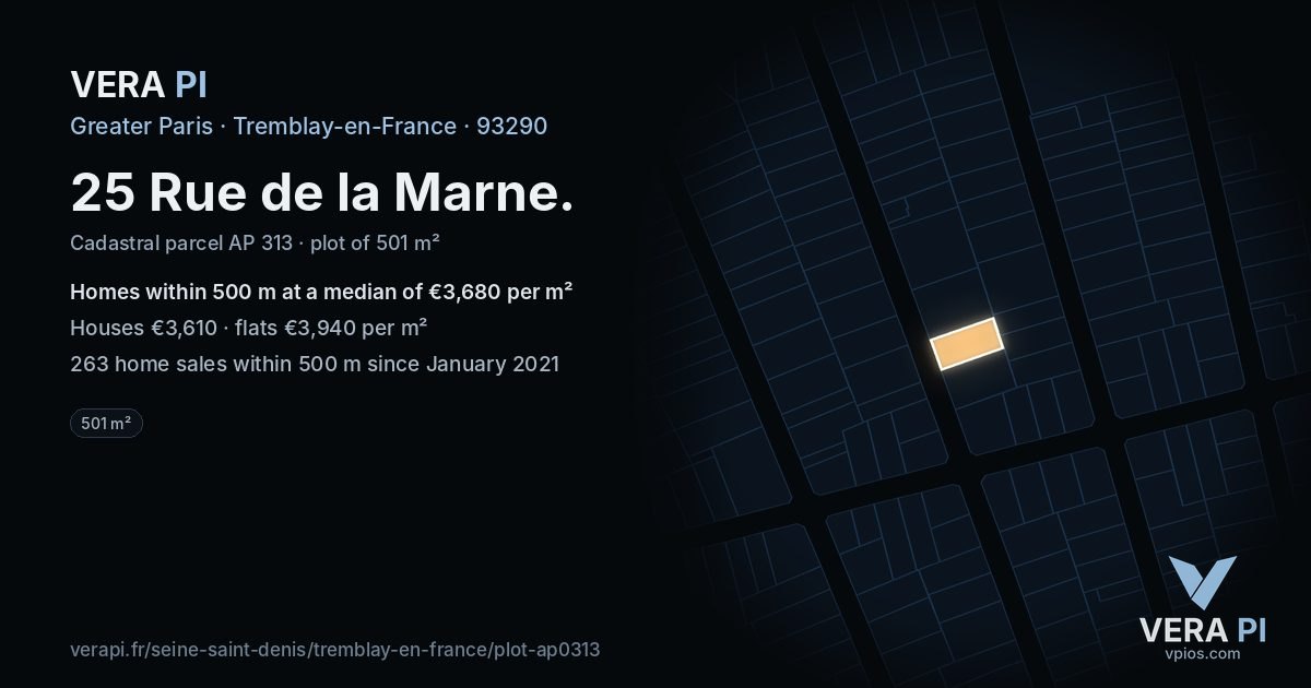 25 Rue de la Marne, Tremblay-en-France at night – the plot lit, the parcels around coloured by the prices near them