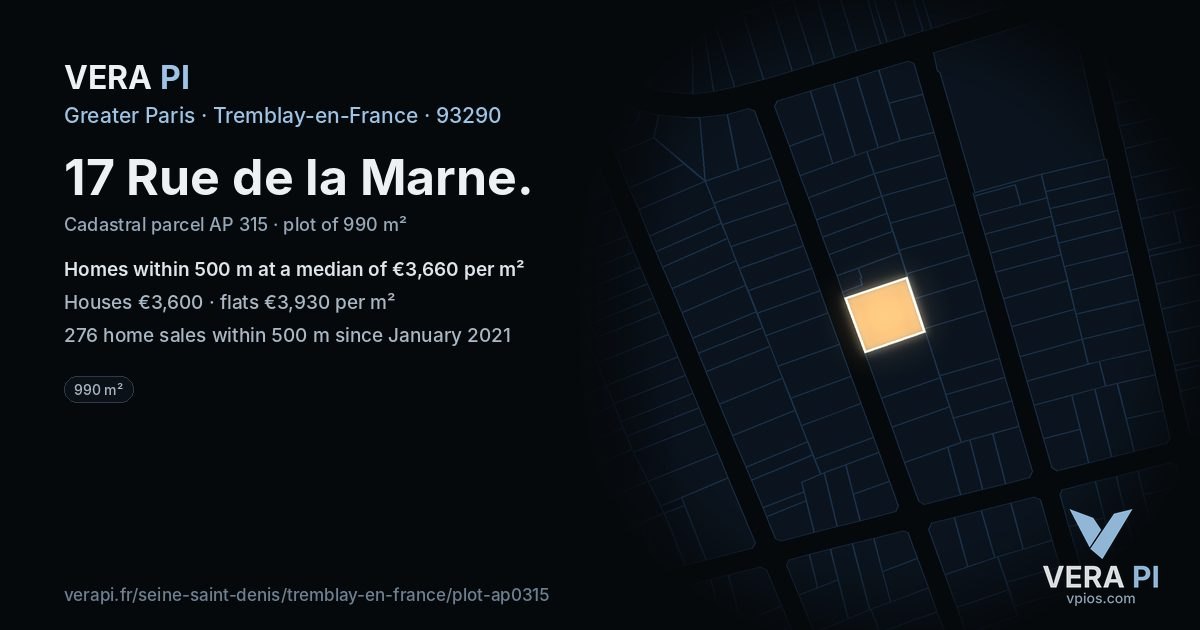 17 Rue de la Marne, Tremblay-en-France at night – the plot lit, the parcels around coloured by the prices near them