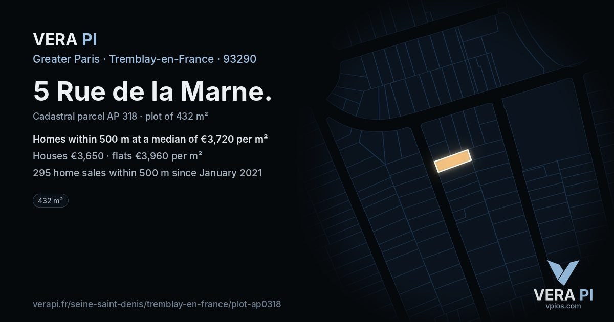 5 Rue de la Marne, Tremblay-en-France at night – the plot lit, the parcels around coloured by the prices near them