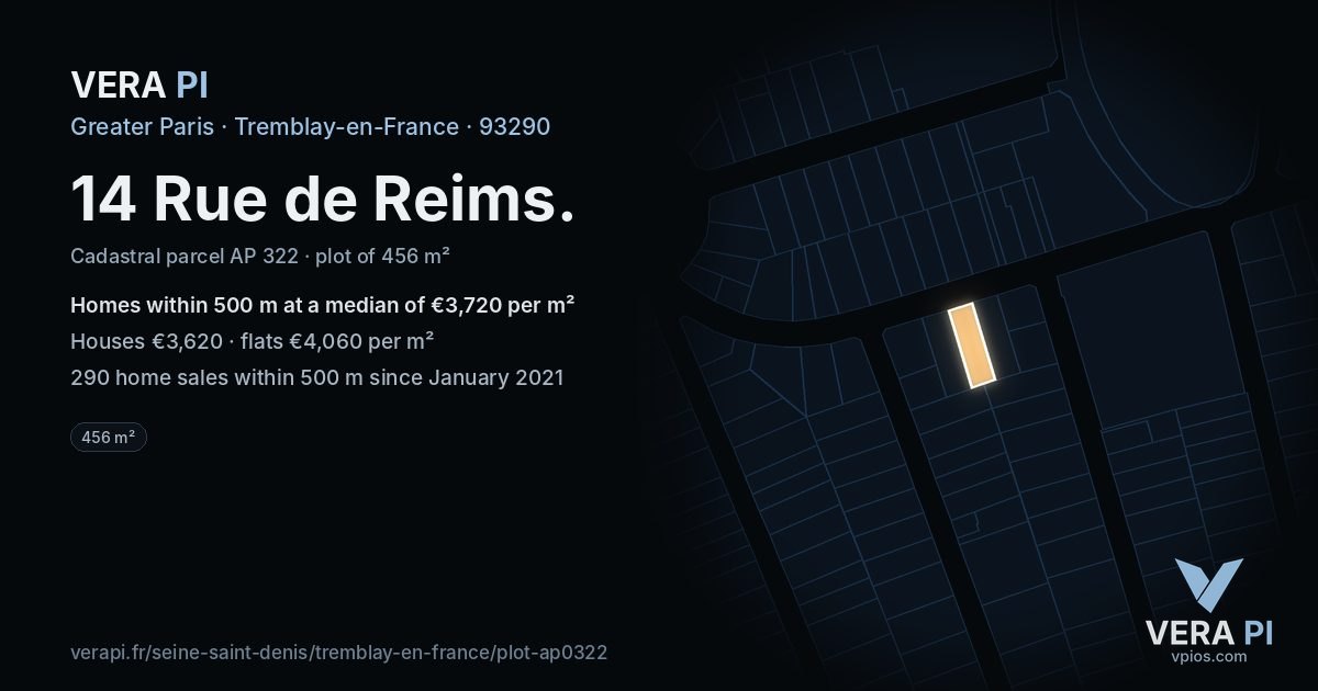 14 Rue de Reims, Tremblay-en-France at night – the plot lit, the parcels around coloured by the prices near them