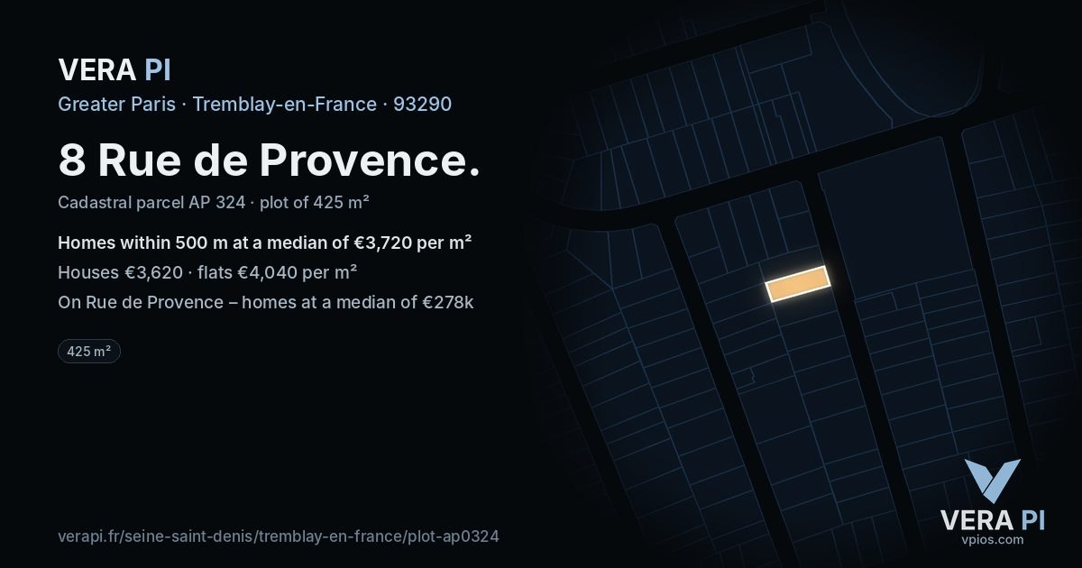 8 Rue de Provence, Tremblay-en-France at night – the plot lit, the parcels around coloured by the prices near them