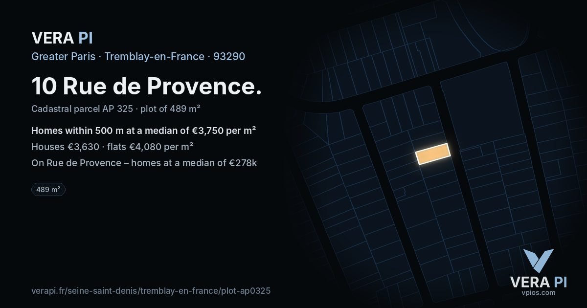 10 Rue de Provence, Tremblay-en-France at night – the plot lit, the parcels around coloured by the prices near them