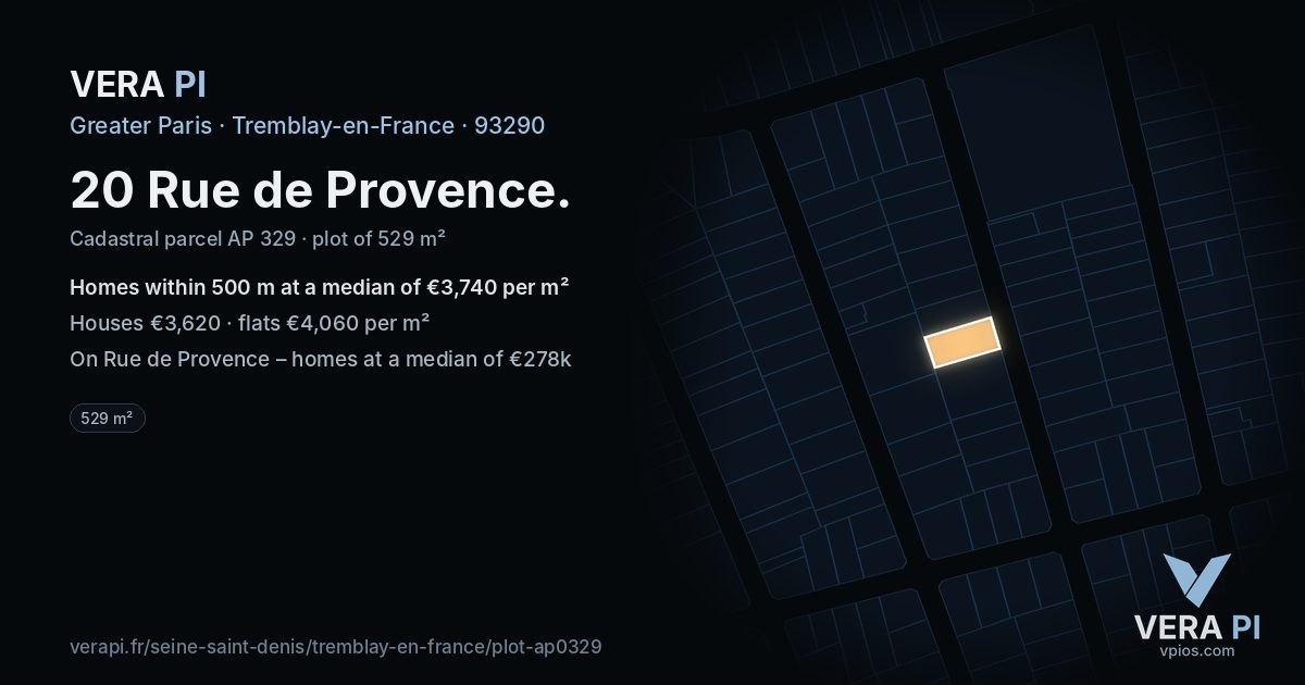 20 Rue de Provence, Tremblay-en-France at night – the plot lit, the parcels around coloured by the prices near them