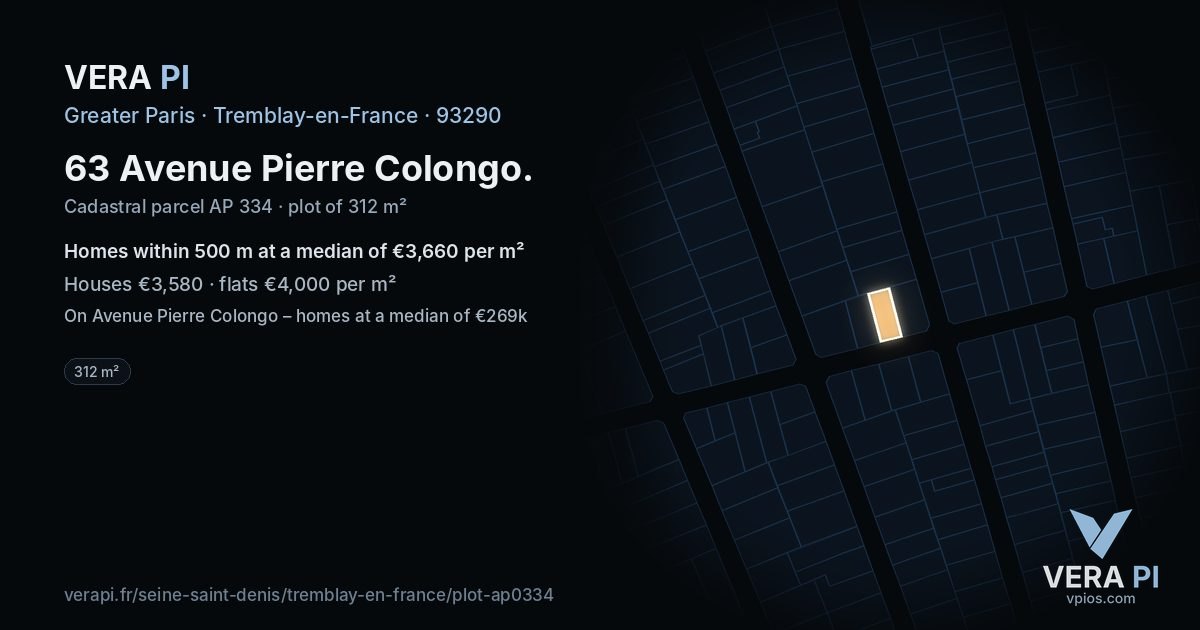 63 Avenue Pierre Colongo, Tremblay-en-France at night – the plot lit, the parcels around coloured by the prices near them
