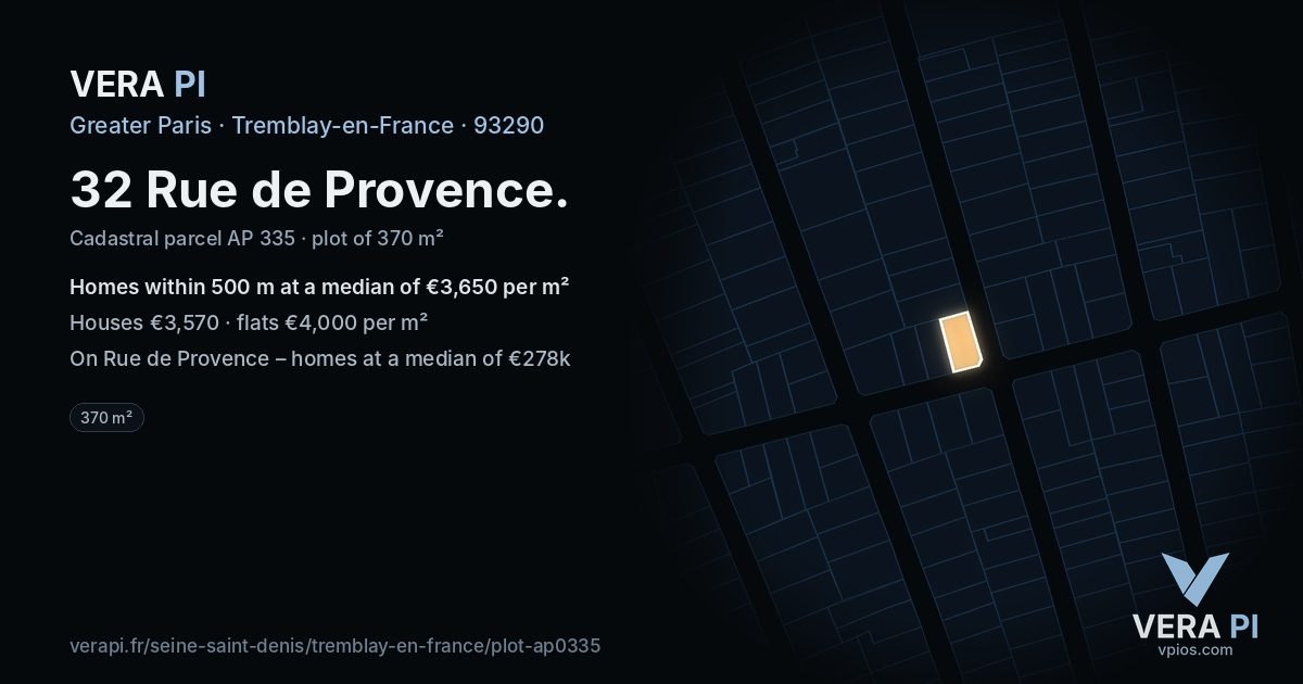 32 Rue de Provence, Tremblay-en-France at night – the plot lit, the parcels around coloured by the prices near them