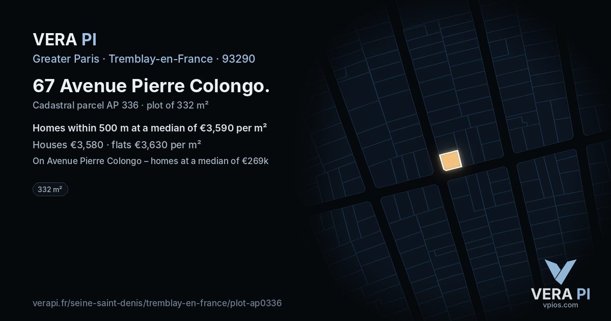 67 Avenue Pierre Colongo, Tremblay-en-France at night – the plot lit, the parcels around coloured by the prices near them