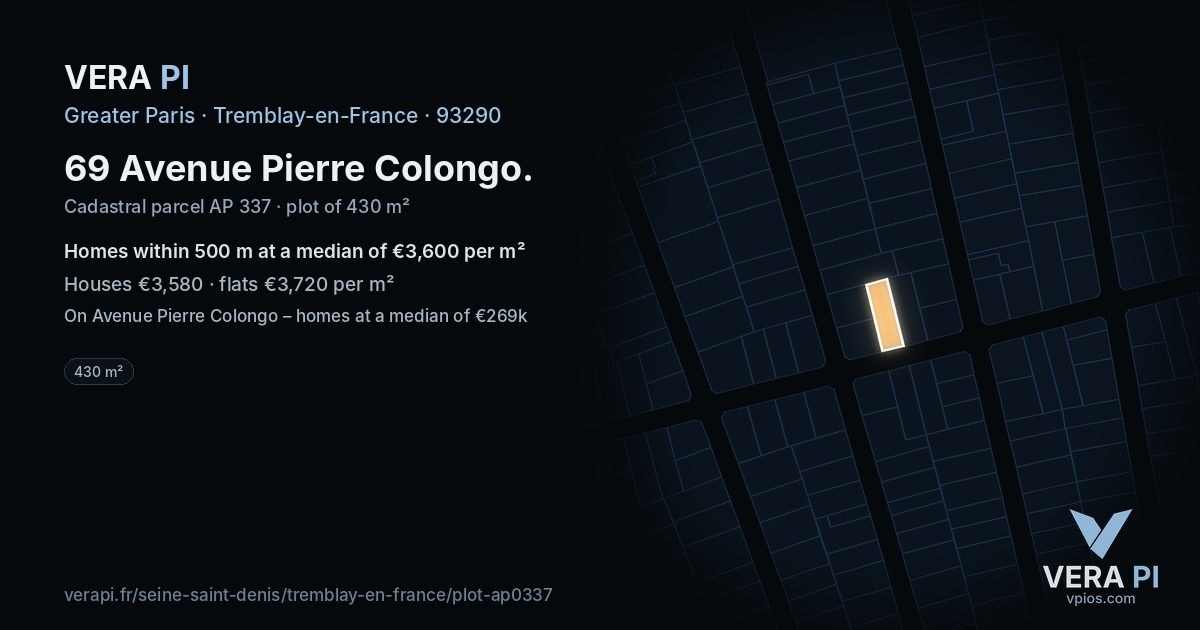 69 Avenue Pierre Colongo, Tremblay-en-France at night – the plot lit, the parcels around coloured by the prices near them