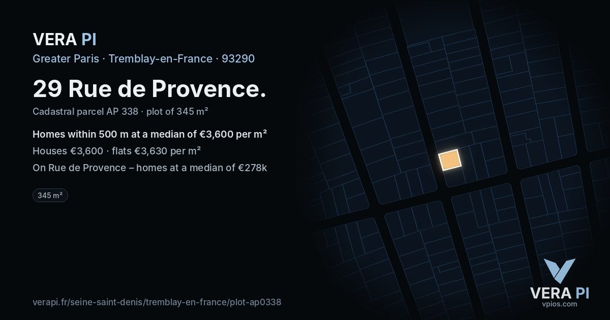 29 Rue de Provence, Tremblay-en-France at night – the plot lit, the parcels around coloured by the prices near them