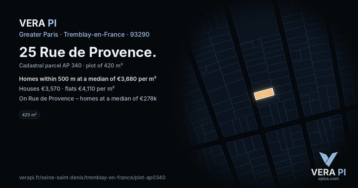 25 Rue de Provence, Tremblay-en-France at night – the plot lit, the parcels around coloured by the prices near them