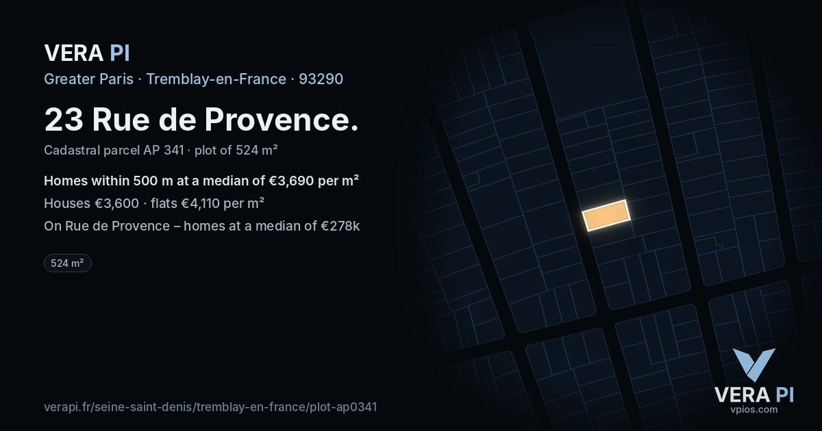 23 Rue de Provence, Tremblay-en-France at night – the plot lit, the parcels around coloured by the prices near them