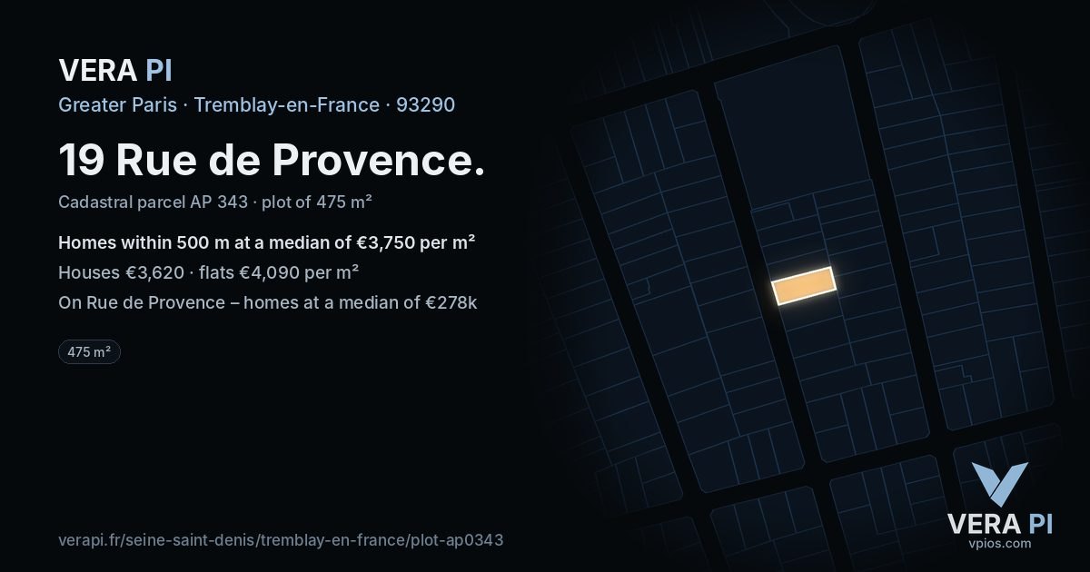 19 Rue de Provence, Tremblay-en-France at night – the plot lit, the parcels around coloured by the prices near them