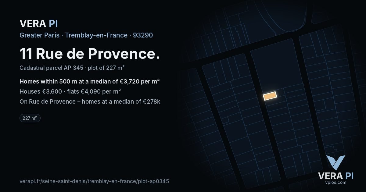 11 Rue de Provence, Tremblay-en-France at night – the plot lit, the parcels around coloured by the prices near them