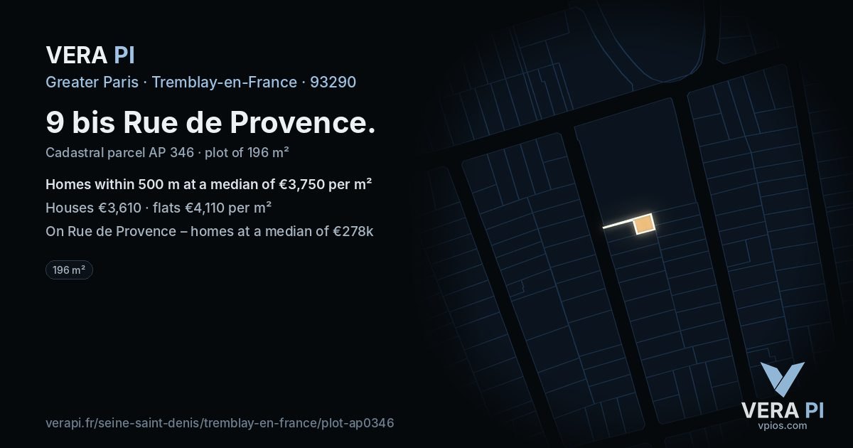 9 bis Rue de Provence, Tremblay-en-France at night – the plot lit, the parcels around coloured by the prices near them