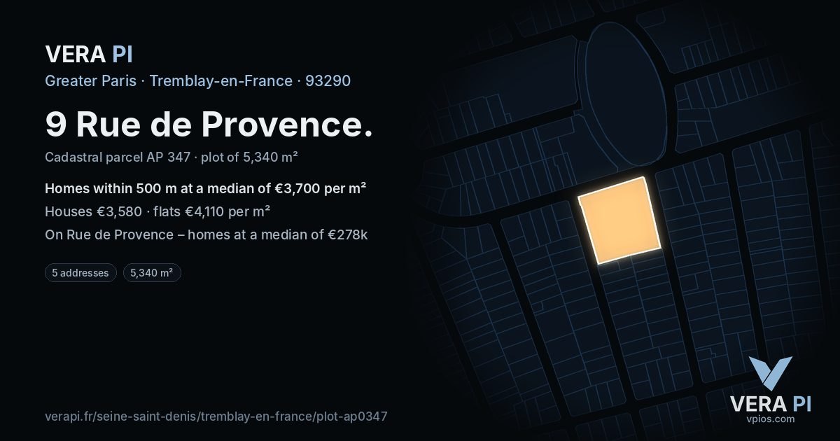 9 Rue de Provence, Tremblay-en-France at night – the plot lit, the parcels around coloured by the prices near them