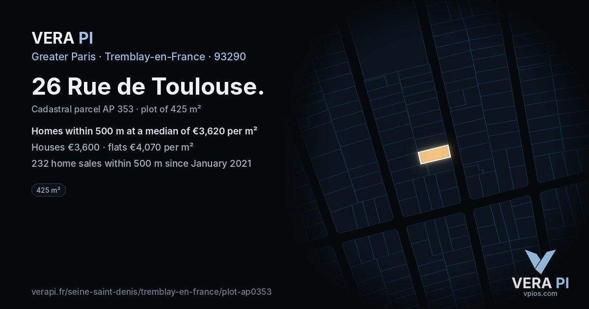 26 Rue de Toulouse, Tremblay-en-France at night – the plot lit, the parcels around coloured by the prices near them
