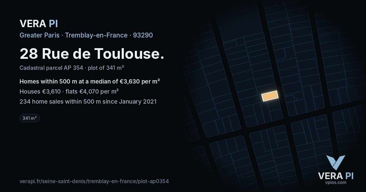 28 Rue de Toulouse, Tremblay-en-France at night – the plot lit, the parcels around coloured by the prices near them