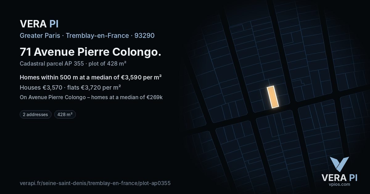 71 Avenue Pierre Colongo, Tremblay-en-France at night – the plot lit, the parcels around coloured by the prices near them