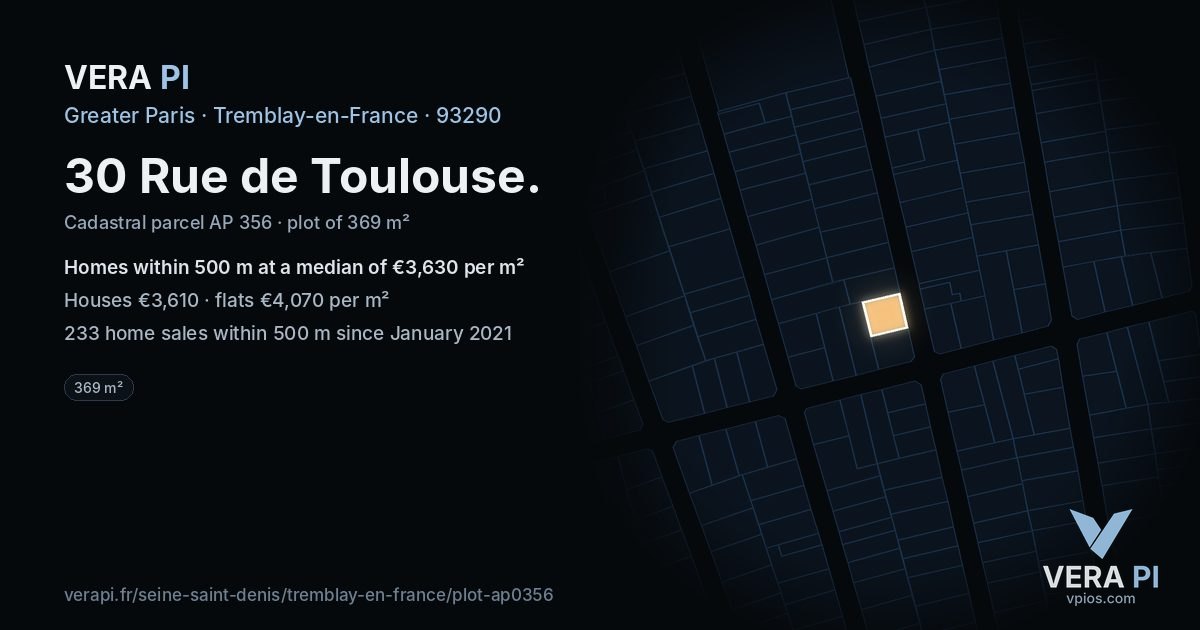 30 Rue de Toulouse, Tremblay-en-France at night – the plot lit, the parcels around coloured by the prices near them