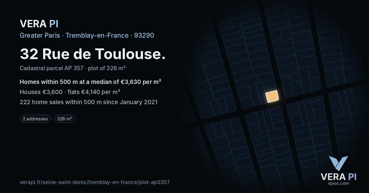 32 Rue de Toulouse, Tremblay-en-France at night – the plot lit, the parcels around coloured by the prices near them