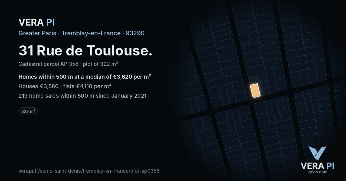 31 Rue de Toulouse, Tremblay-en-France at night – the plot lit, the parcels around coloured by the prices near them