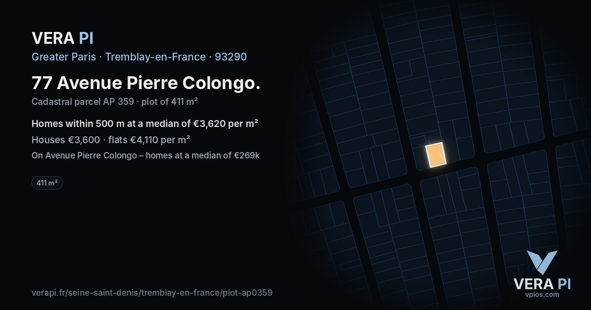 77 Avenue Pierre Colongo, Tremblay-en-France at night – the plot lit, the parcels around coloured by the prices near them