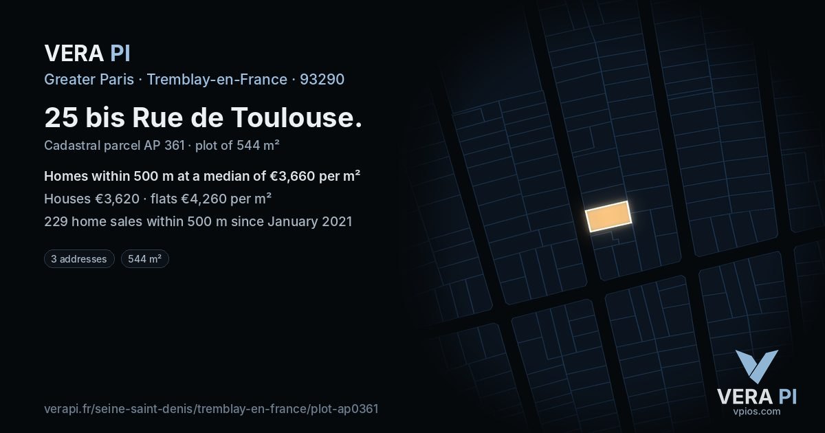 25 bis Rue de Toulouse, Tremblay-en-France at night – the plot lit, the parcels around coloured by the prices near them