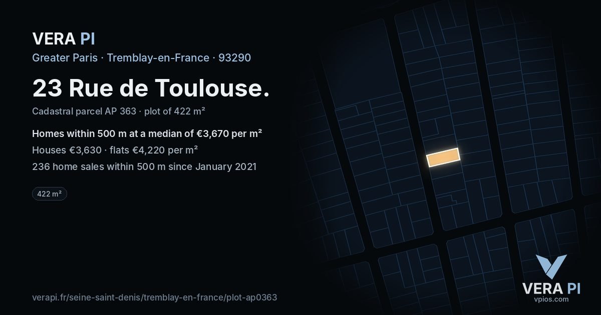 23 Rue de Toulouse, Tremblay-en-France at night – the plot lit, the parcels around coloured by the prices near them
