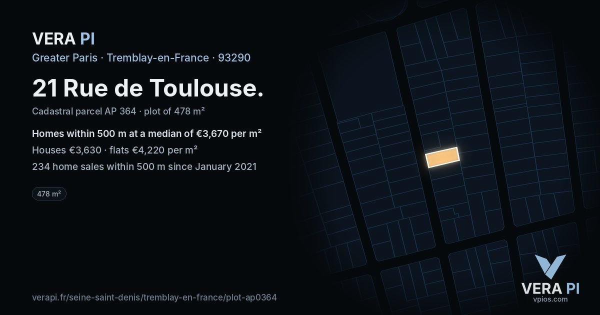 21 Rue de Toulouse, Tremblay-en-France at night – the plot lit, the parcels around coloured by the prices near them