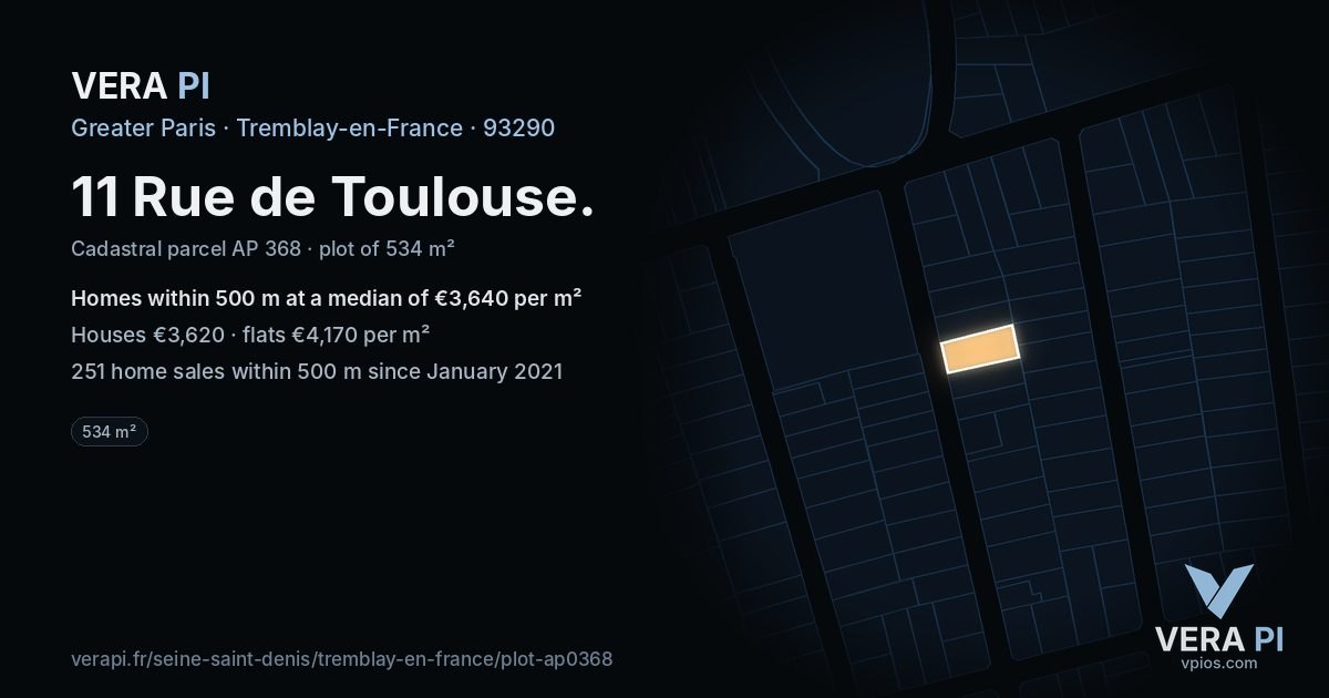 11 Rue de Toulouse, Tremblay-en-France at night – the plot lit, the parcels around coloured by the prices near them