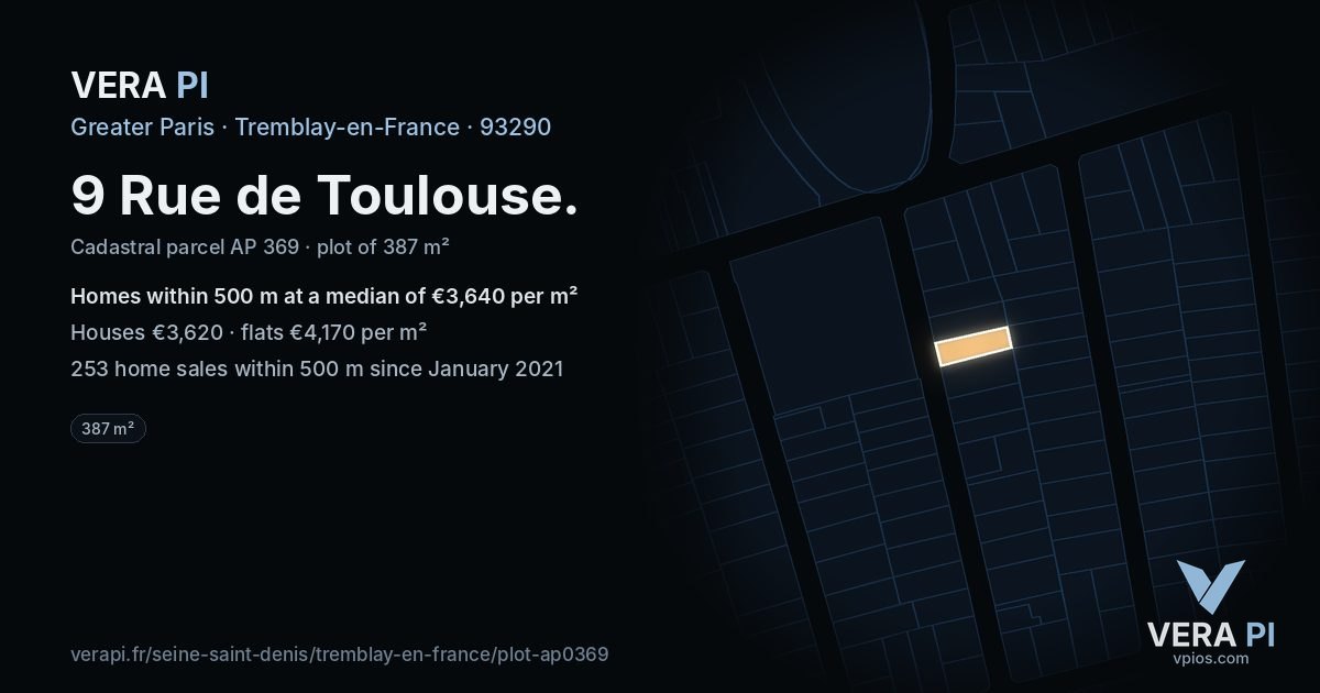 9 Rue de Toulouse, Tremblay-en-France at night – the plot lit, the parcels around coloured by the prices near them