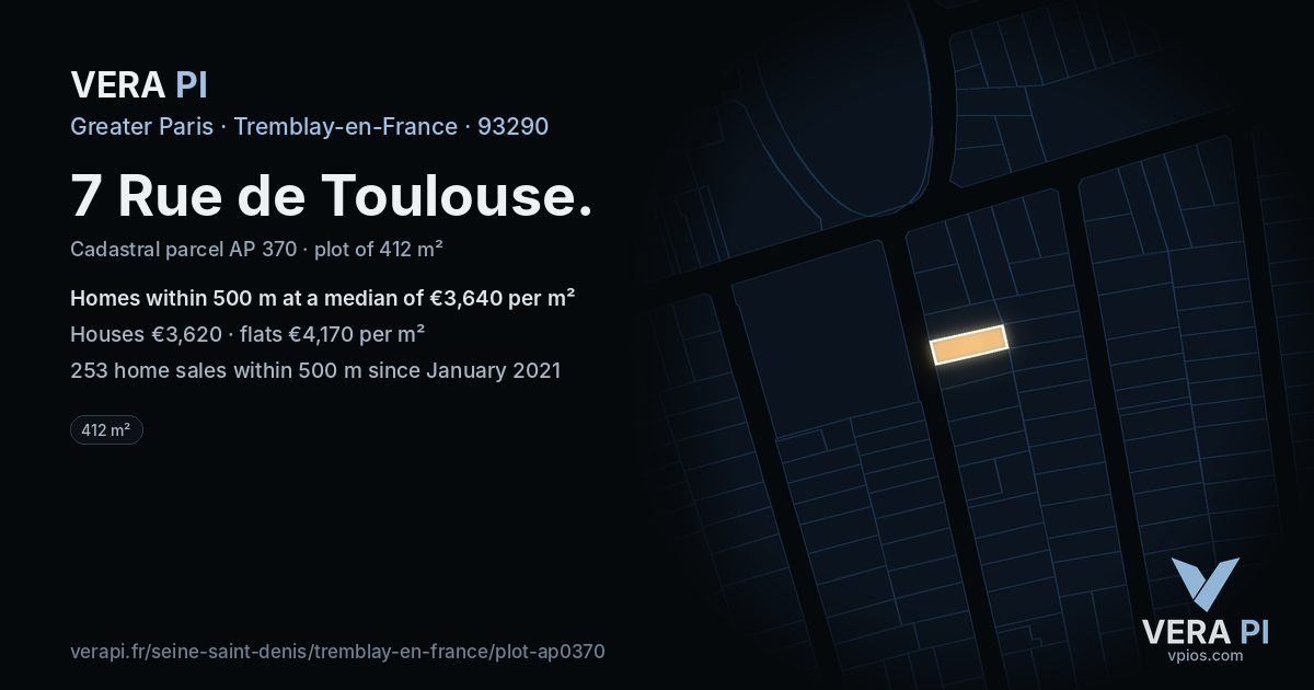 7 Rue de Toulouse, Tremblay-en-France at night – the plot lit, the parcels around coloured by the prices near them